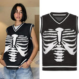 Skull Print V Neck Y2K Oversized Sweater Harajuku Casual Loose Knitted Top Pullovers Korean Punk Ladies Jumper