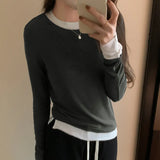 Collision Design Two Long-Sleeved T-Shirts Women's Autumn And Winter New Slim Cashmere Warm Bottomed Blouse-Outfit