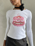 Women's Y2K Vintage Retro Long Sleeve Cherry/Cake Print Crew Neck Spring Fall Slim Fit Tops Aesthetic Grunge T-Shirts-Outfit