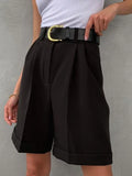 New Summer Women's High-waisted Cuffed Solid Color Wide-leg Pants Fashion Overalls Women's Shorts Casual Five-point