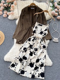 Autumn Women Floral Dress Suits Print Strap Dress+ Long Sleeves Loose Blazer Sets Office Lady Jackets Two Pieces