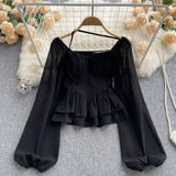 Print Halter Short Chiffon Blouse Women Slash Neck Fold Sheath Long Sleeve French Elastic Waist Streetwear Fashion