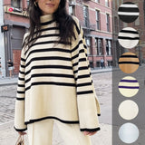 Casual Striped Turtleneck Sweater Oversized Pullover Women Loose Long Sleeve Tops 2021 Fall Winter Knitted Outwear