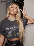 Character-Print Ruffles T-Shirt Womam Summer O-Neck Short-Sleeve Sexy Casual Trend Fashion Wild Skinny Streetwear Top-Outfit