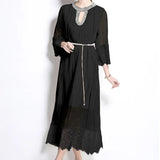 Luxury Famous Dress Women Spring Diamond Seven-Sleeve Mesh Splicing Design Chic Temperament