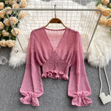 2021 Autumn Fashion Korean Women Blouse Long Sleeve V Neck Elastic Ruched Slim Tops Elegant Streetwear Short