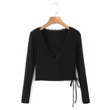 fall women sexy lace trims knit top long sleeve cross v neck casual black lace up cropped