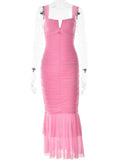Sexy Sleeveless Strap Evening Dress for Women Low Cut Ruched Bodycon Long Dress Elegant Mermaid Dress Party Vestidos-Outfit
