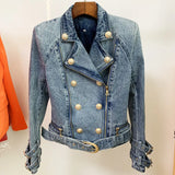 2025 New Women's Coat Lion Buckle Double Zipper Wash Denim Locomotive Small Suit