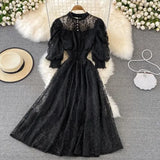 Vintage Women Lace Dress Spring Summer Elegant Stand Collar Puff Sleeve High Waist Party Vestidos Female Runway Robe 2022