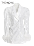 TWOTWINSTYLE Fashion Patchwork Feathers Dress For Women Lapel Long Sleeve High Waist Solid Mini Dresses Female Spring