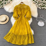 Vintage Women Lace Dress Spring Summer Elegant Stand Collar Puff Sleeve High Waist Party Vestidos Female Runway Robe 2022