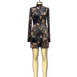 Autumn Dress Women's Half-High Collar Print Long-Sleeved Open-Sleeve Bag Hip