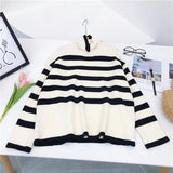 Autumn Winter Style French-o High-neck Striped Thick Loose Knit Sweater Jacket Women High Street Sweaters for