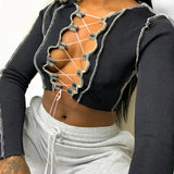 8 Colors Sexy Hollow Out Women Long Sleeve Crop Tops Striped Patchwork Drawstring Ribbed Bandage Fitness