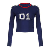 Leisure Digital Printed T-Shirt Hot Girls Sexy Tight Short Style Hit Color Round-Neck Long-Sleeved Blouse-Outfit