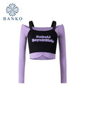 Patchwork Strapless Crop Tops Slash Neck Printing Blouses Sexy Harajuku Korean Trendy Long Sleeve Two Piece Sets