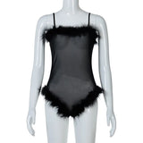 Spring Sexy Mesh Bodysuits Women Faux Fur See Through Black Sleeveless Adjustable Body Suit Bodycon