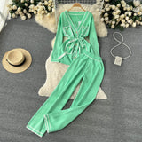 Fashion Sweater Two Pieces Sets Ladies Long Sleeve Knit Cardigan+Wide Leg Knit Long Pant Sets Women OL Knitted