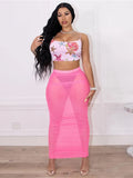 Summer Beach 2 Two Piece Set Outfits For Women Skirts Backless Cami Strap Crop Top Mesh Maxi Skirts Matching Dress