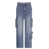 Station 2023Ins Fashionable Women's Wear Street Shoot Wind Big Pocket Lazy Overalls Low-Waisted Jeans Women's Autumn-Outfit