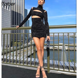 Stylish High Waist Hollow Out Design Zebra Striped Dress Turtleneck Long Sleeves Turtleneck Autum Celebrity Party