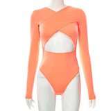 ArtsuWomen Sexy Cross Tops Hollow Out Rompers Slim Lady Summer Long Sleeves Bandage Skinny Bodysuit Bodycon