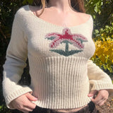 Spice Girl U-Collar Slim And Thin Woolen T-Shirt 2023 Autumn New Lovely Coconut Pattern Sweater-Outfit