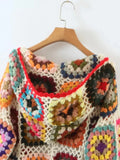 BOHO Colored Plaid Flower Hand Crochet Hooded Cardigan Ethnic Woman Open Stitching Full Sleeve Sweater Beach Short Jumper-Outfit