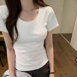 Short Threaded Shoulder Slim Short-Sleeved T-Shirt Women's New Solid Color Summer Casual Round Collar Blouse-Outfit