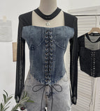 Hollow Hanging Neck Cowboy Splicing Mesh Strap With Irregular Long-Sleeved T-Shirt Short Top