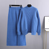 Winter Women Sweater Suits Thick Turtleneck Loose Sweater+ Wide Leg Long Pants Female Knitted Warm Two Pieces