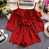 2020 Spring Summer New Chic Women Playsuits Sexy Off Shoulder Elegant Ruffles Solid Jumpersuits Lace Up Bow