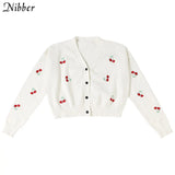 Sweet cute cherry embroidery Sweater for women Chic Knitted tops Cardigan fall winter casual wear graphic Sweater