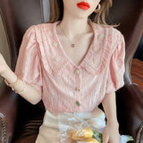 Short Puff Sleeve Summer Blouses Blusas Korean Beading Peter Pan Collar Shirts Women Tops Loose Kawaii Clothing