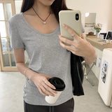 Solid Color U-Collar Short-Sleeved T-Shirt Women's Spring And Summer New Elastic Leisure Slim And Skinny Bottomed Blouse-Outfit