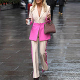 Women Suit Blazers VONDA Ladies Casual Lapel Coats Color Patchwork Autumn Office Formal Long Sleeve Thin Pant Sets no