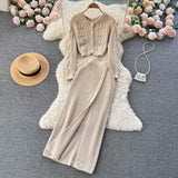 Female Solid OL Knitted Suits Short Button Sweater Cardigan+Midi Long Bodycon Split Skirt Autumn Warm Two Pieces