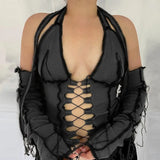 8 Colors Sexy Hollow Out Women Long Sleeve Crop Tops Striped Patchwork Drawstring Ribbed Bandage Fitness