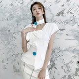 White Patchwork Casual Shirt For Women Halter Puff Short Sleeve Single Breasted Blouses Female Summer Clothing