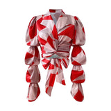 Hit Color Printed Shirt For Women Lapel Puff Long Sleeve Patchwork Short Tops Female Fashion New Clothing