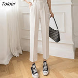 High Waist Casual Blue Pants Female Pocket Zipper Apricot Suit Pants Women Autumn Straight Loose White Trousers