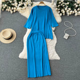 Women Summer Knitted Sets Fashion O Neck Split Top+ Wide Legs Long Skirt Sets Ladies High Street Loose Two Piece