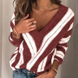 Womens Fashion Long Sleeve V Neck Striped Knitting Casual Tunic Blouse Sweater Suter Trui