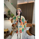 Women Sweaters Cardigan Print Floral Coats Full Sleeve Knitted Loose Jumpers Coat Top Regular Splice Single Breasted Outerwear-Outfit