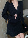 Lace-up Lantern Sleeve A-line Knitted Dress Temperament V-Neck Twist Pattern Knit Sweater Dress Women Autumn Winter