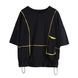 Women Red Pocket Split Joint Big Size T-shirt New Round Neck Three-quarter Sleeve Fashion Tide Spring Summer 2023