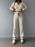 Color Knitted Trousers Suits Lape Knit Pullovers And Drawstring Pants Women 2 Piece Set Female Elegant Casual