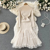Mesh Spliced Knitted Dress Women Long Sleeve Temperamant Midi Long Dress Winter Solid Party Fashtail Sweater