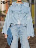 Women's Denim Loose Coat Long Flare Sleeve Burr Irregular Patchwork Solid Color Jackets 2024 Summer American Retro 29L1211-Outfit
